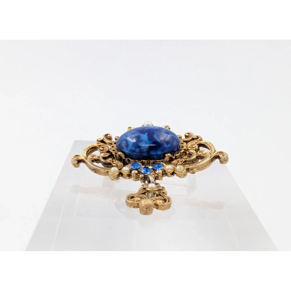 Vintage Blue Cabochon Brooch‎ Gold Tone Dangle Ornate Victorian Revival